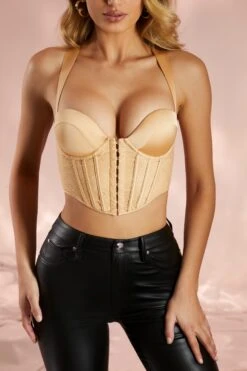 Satin Lace Corset Crop Top In Sand -Sway Line Zone 4988 5 adored sand bust flattering corset style crop top 2