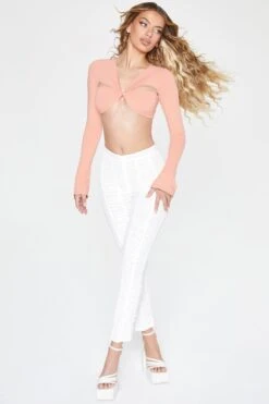 Long Sleeve Twist Front Crop Top In Blush 11 Long Sleeve Twist Front Crop Top In Blush -Sway Line Zone 5105 7 Blush Twist Front Long Sleeve Cut Out Crop Top