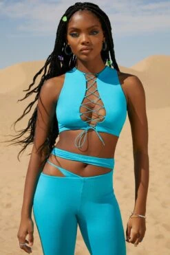 Lace Up Crop Top In Aqua -Sway Line Zone 5125 5132 4 Uptown Valerie Aqua Cut Out Aysmmetic Flares Lace Up Crop Top