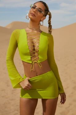Lace Up Long Sleeve Crop Top In Lime -Sway Line Zone 5126 5230 7 Riverside Lime Low Rise Mini Skirt Lace Up Long Sleeve Crop Top