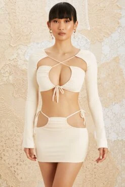 Side Tie Mini Skirt In Ivory -Sway Line Zone 5209 5152 2 Flora Jardin Ivory Drawstring Bust Ruched Crop Top Side Tie Mini Skirt