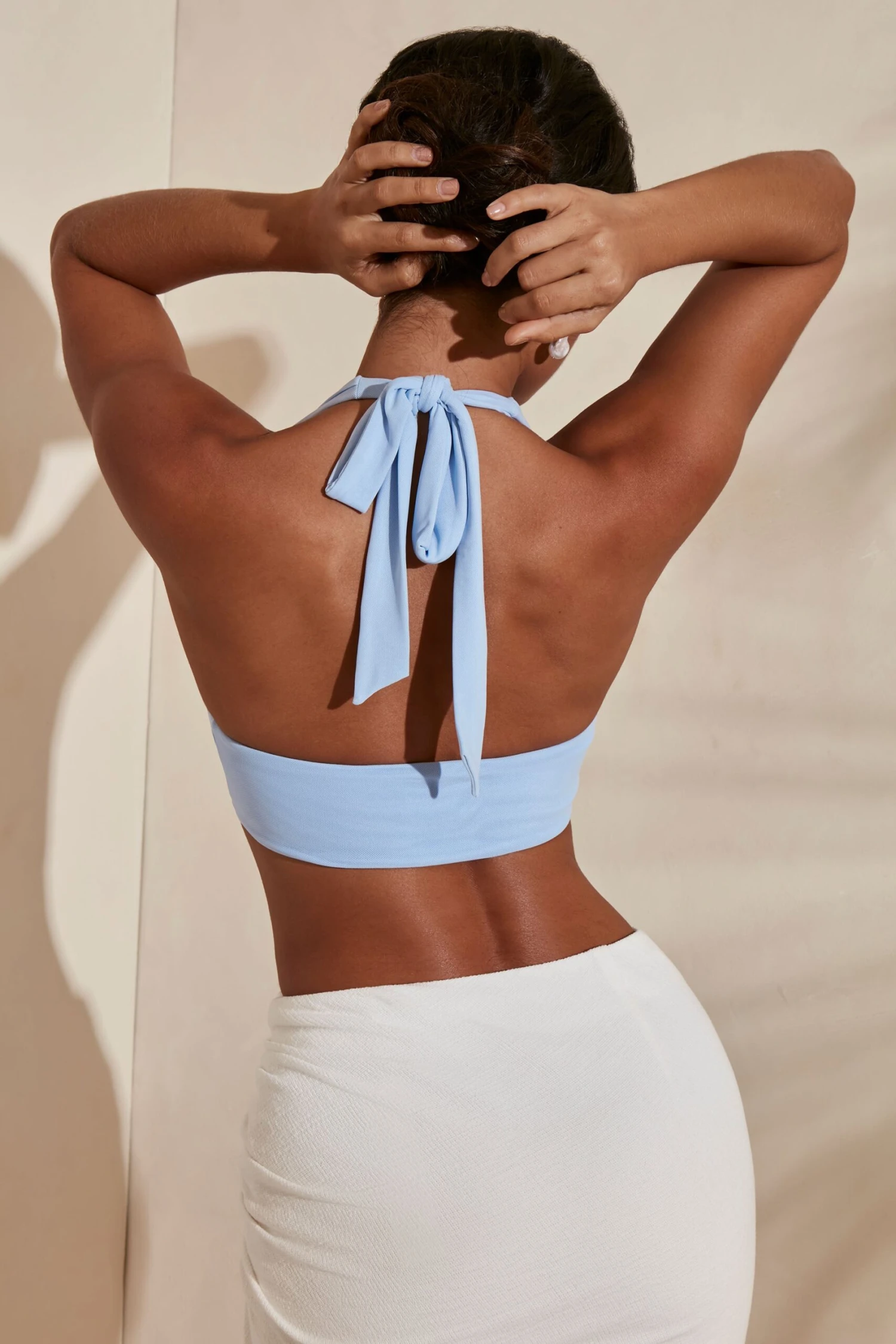 Halter Neck Plunge Cowl Crop Top In Light Blue 2 Halter Neck Plunge Cowl Crop Top In Light Blue - Image 2