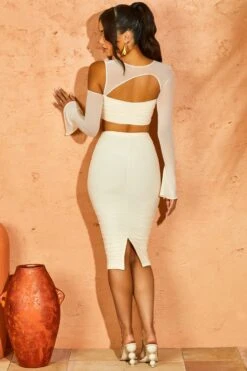 Asymmetric Cowl Neck Cut Out Crop Top In Ivory -Sway Line Zone 5266 5263 13 Belina Mya Ivory Long Sleeve Asymetric Cutout Crop Top Ruched Midi Skirt