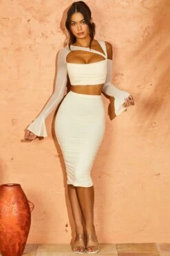 Asymmetric Cowl Neck Cut Out Crop Top In Ivory -Sway Line Zone 5266 5263 2 Belina Mya Ivory Long Sleeve Asymetric Cutout Crop Top Ruched Midi Skirt