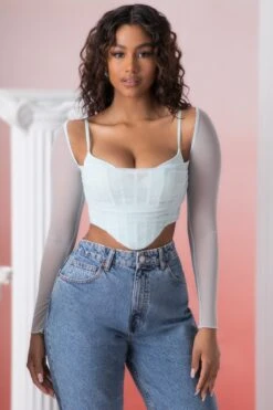 Long Sleeve Crop Top In Aqua -Sway Line Zone 5306 2 eros aqua long sleeve corset top