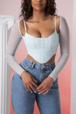 Long Sleeve Crop Top In Aqua -Sway Line Zone 5306 4 eros aqua long sleeve corset top