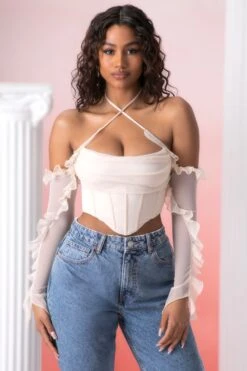 Frill Detail Cowl Neck Crop Top In Stone -Sway Line Zone 5311 1 filia stone ruffled long sleeve bust flattering corset crop top