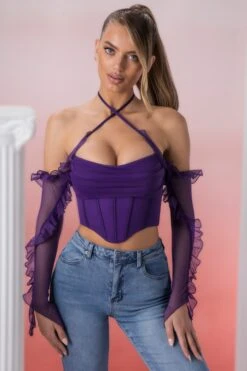 Frill Detail Cowl Neck Crop Top In Violet