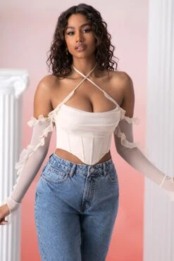 Frill Detail Cowl Neck Crop Top In Stone -Sway Line Zone 5311 2 filia stone ruffled long sleeve bust flattering corset crop top
