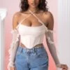 Frill Detail Cowl Neck Crop Top In Stone