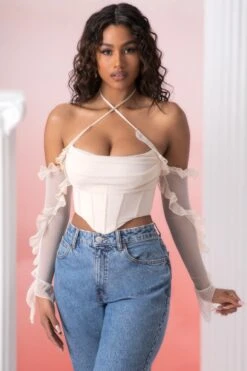 Frill Detail Cowl Neck Crop Top In Stone