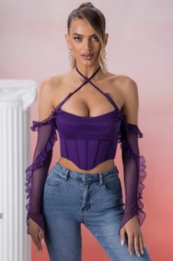 Frill Detail Cowl Neck Crop Top In Violet 14 Frill Detail Cowl Neck Crop Top In Violet -Sway Line Zone 5311 3 filia violet ruffled long sleeve bust flattering corset crop top