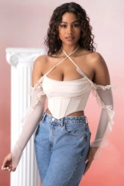 Frill Detail Cowl Neck Crop Top In Stone -Sway Line Zone 5311 4 filia stone ruffled long sleeve bust flattering corset crop top