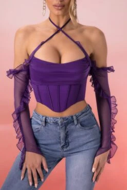 Frill Detail Cowl Neck Crop Top In Violet 11 Frill Detail Cowl Neck Crop Top In Violet -Sway Line Zone 5311 4 filia violet ruffled long sleeve bust flattering corset crop top