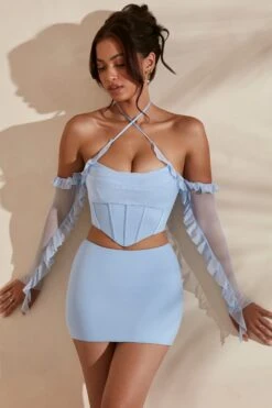 Long Sleeve Cowl Neck Corset Crop Top In Light Blue -Sway Line Zone 5311 5985 2 Noemi Kesara Light Blue Frill Detail Cowl Neck Corset Top Split Micro Mini Set 1