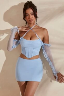 Long Sleeve Cowl Neck Corset Crop Top In Light Blue -Sway Line Zone 5311 5985 3 Noemi Kesara Light Blue Frill Detail Cowl Neck Corset Top Split Micro Mini Set 1