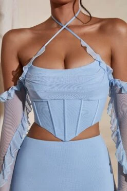 Long Sleeve Cowl Neck Corset Crop Top In Light Blue -Sway Line Zone 5311 5985 8 Noemi Kesara Light Blue Frill Detail Cowl Neck Corset Top Split Micro Mini Set 1