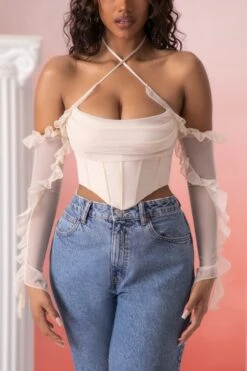 Frill Detail Cowl Neck Crop Top In Stone -Sway Line Zone 5311 5 filia stone ruffled long sleeve bust flattering corset crop top