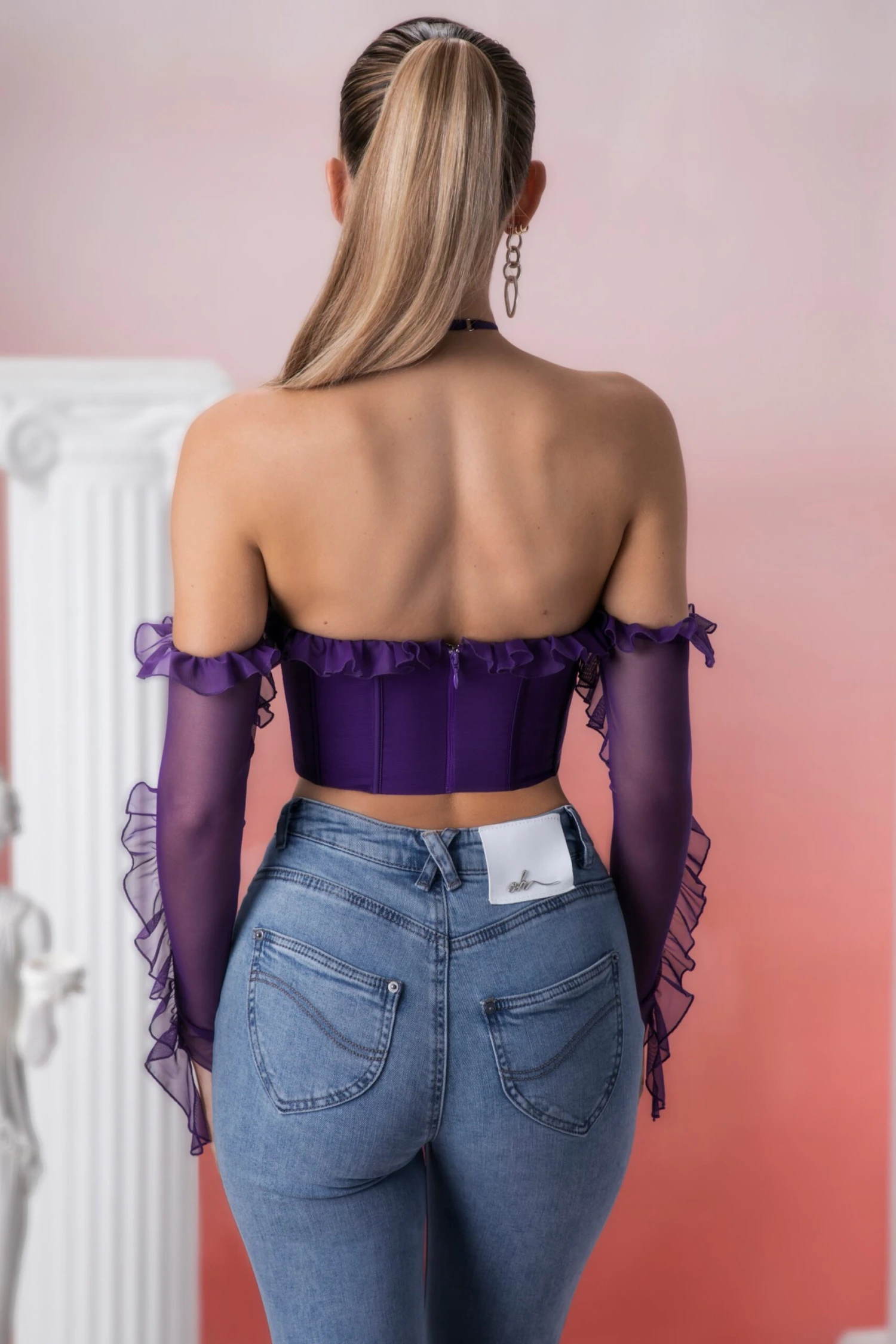 Frill Detail Cowl Neck Crop Top In Violet 2 Frill Detail Cowl Neck Crop Top In Violet - Image 2