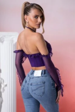 Frill Detail Cowl Neck Crop Top In Violet 13 Frill Detail Cowl Neck Crop Top In Violet -Sway Line Zone 5311 7 filia violet ruffled long sleeve bust flattering corset crop top