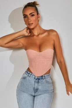 Mesh Overlay Corset Top In Blush