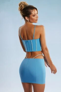Embellished Corset Crop Top In Blue -Sway Line Zone 5388 5384 10 Blue Embellished Cut Straps Mini Skirt Corset Top