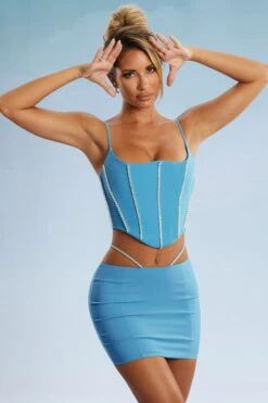Embellished Corset Crop Top In Blue -Sway Line Zone 5388 5384 13 Blue Embellished Cut Straps Mini Skirt Corset Top