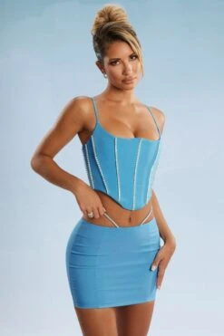 Embellished Corset Crop Top In Blue -Sway Line Zone 5388 5384 2 Blue Embellished Cut Straps Mini Skirt Corset Top