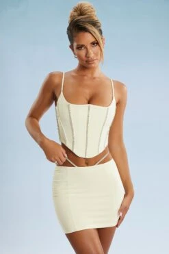Embellished Corset Crop Top In Ivory -Sway Line Zone 5388 5384 4 Ivory Embellished Cut Straps Mini Skirt Corset Top