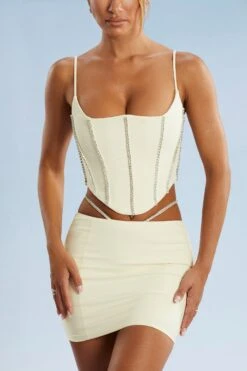 Embellished Corset Crop Top In Ivory -Sway Line Zone 5388 5384 5 Ivory Embellished Cut Straps Mini Skirt Corset Top