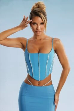 Embellished Corset Crop Top In Blue -Sway Line Zone 5388 5384 6 Blue Embellished Cut Straps Mini Skirt Corset Top