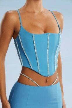 Embellished Corset Crop Top In Blue -Sway Line Zone 5388 5384 7 Blue Embellished Cut Straps Mini Skirt Corset Top