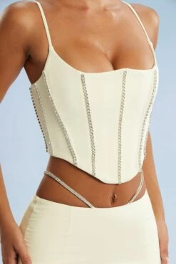 Embellished Corset Crop Top In Ivory -Sway Line Zone 5388 5384 8 Ivory Embellished Cut Straps Mini Skirt Corset Top