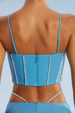 Embellished Corset Crop Top In Blue -Sway Line Zone 5388 5384 9 Blue Embellished Cut Straps Mini Skirt Corset Top