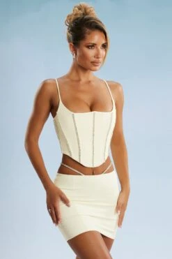 Embellished Corset Crop Top In Ivory -Sway Line Zone 5388 5384 9 Ivory Embellished Cut Straps Mini Skirt Corset Top