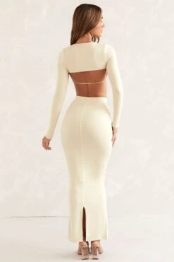 Cut Out Back Long Sleeve Crop Top In Ivory -Sway Line Zone 5418 5434 10 Ivory Long sleeve Caged Back Scoop Front Crop Top V Waist Maxi Skirt With Flared Hemcopy