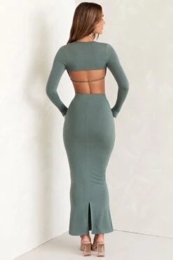 Cut Out Back Long Sleeve Crop Top In Green -Sway Line Zone 5418 5434 9 Avril Green Caged Back Scoop Front Crop Top V Waist Maxi Skirt With Flared Hem