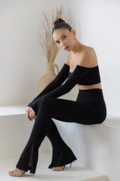 Long Sleeve Bardot Crop Top In Black -Sway Line Zone 5431 5451 10 Renata Gaia Black Bardot Long Sleeve Crop Top Split Side Flare Trousers 49ab849c bc25 4ea2 b40c 92c481ccccf1