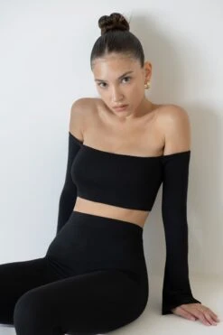 Long Sleeve Bardot Crop Top In Black
