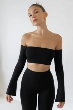 Long Sleeve Bardot Crop Top In Black -Sway Line Zone 5431 5451 8 Renata Gaia Black Bardot Long Sleeve Crop Top Split Side Flare Trousers