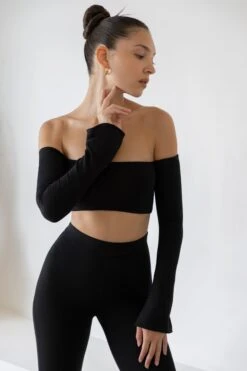 Long Sleeve Bardot Crop Top In Black -Sway Line Zone 5431 5451 9 Renata Gaia Black Bardot Long Sleeve Crop Top Split Side Flare Trousers