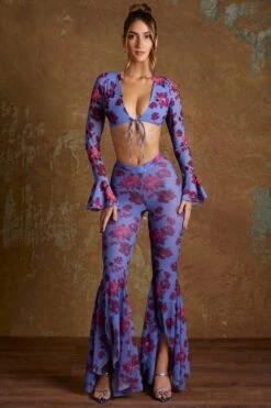 Split Flare Ruffle Trousers In Periwinkle Print -Sway Line Zone 5478 1 Hazan Periwinkle Print Ruched Hem Trousers