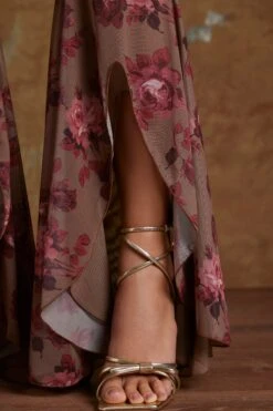 Split Flare Ruffle Trousers In Beige Print -Sway Line Zone 5478 9 Hazan Beige Print Ruched Hem Trousers