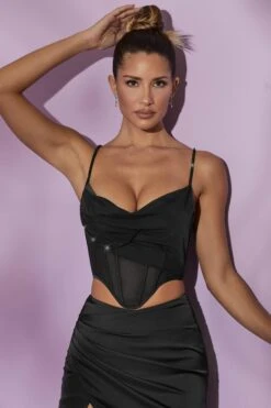 Cowl Neck Corset Crop Top In Black 8 Cowl Neck Corset Crop Top In Black -Sway Line Zone 5560 2 Lolite Black Mesh Cowl Corset Top