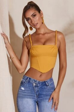 Slight Cowl Neckline Corset Crop Top In Dark Yellow -Sway Line Zone 5582 1 Beige Slight Cowl Corset Crop Topcopy2