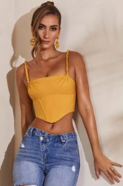 Slight Cowl Neckline Corset Crop Top In Dark Yellow -Sway Line Zone 5582 2 Beige Slight Cowl Corset Crop Topcopy2