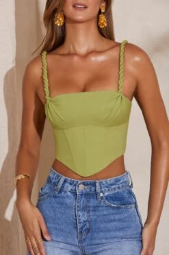 Slight Cowl Neckline Corset Crop Top In Green 12 Slight Cowl Neckline Corset Crop Top In Green -Sway Line Zone 5582 5 Green Slight Cowl Corset Crop Top