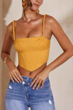 Slight Cowl Neckline Corset Crop Top In Dark Yellow -Sway Line Zone 5582 6 Beige Slight Cowl Corset Crop Topcopy2