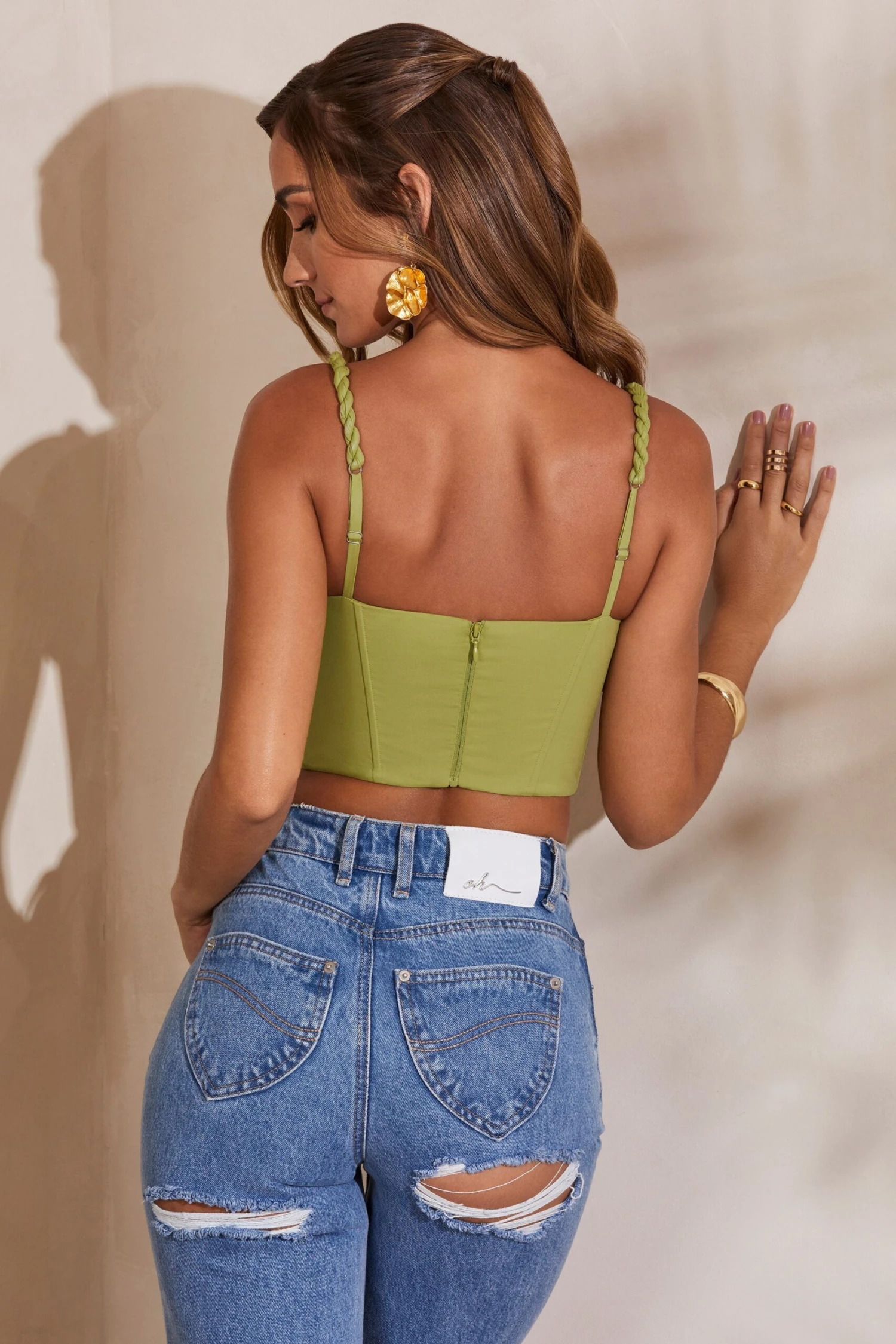 Slight Cowl Neckline Corset Crop Top In Green 2 Slight Cowl Neckline Corset Crop Top In Green - Image 2