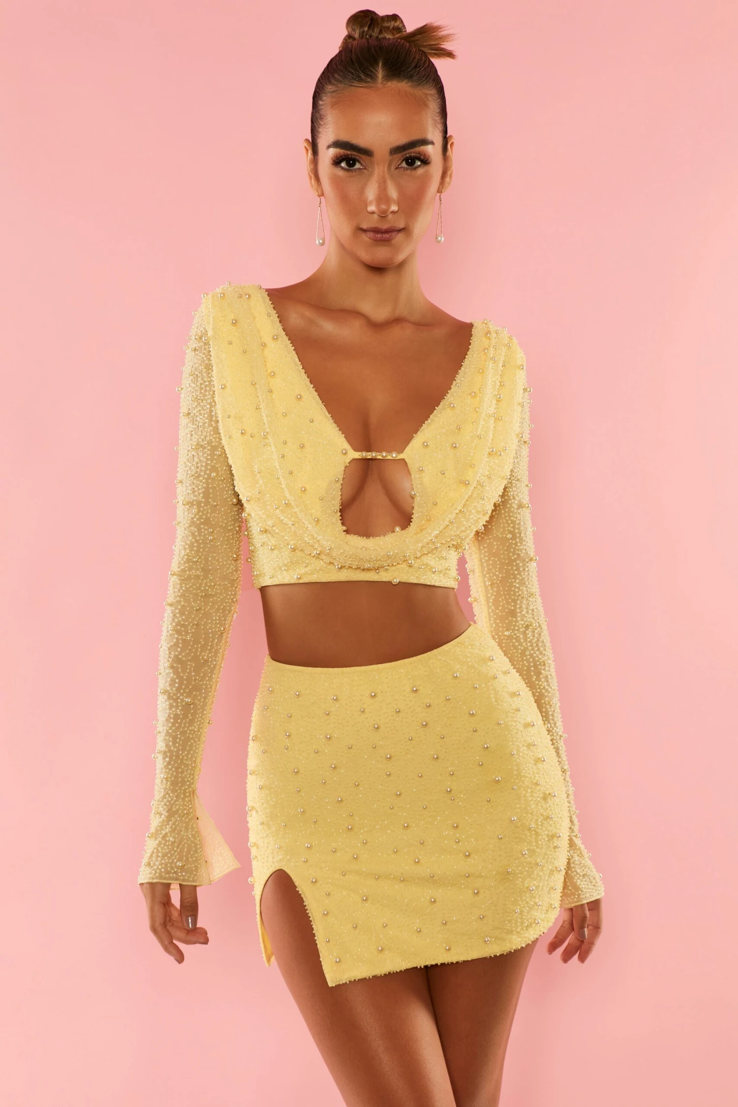 Long Sleeve Deep Plunge Crop Top In Yellow 6 Long Sleeve Deep Plunge Crop Top In Yellow - Image 6